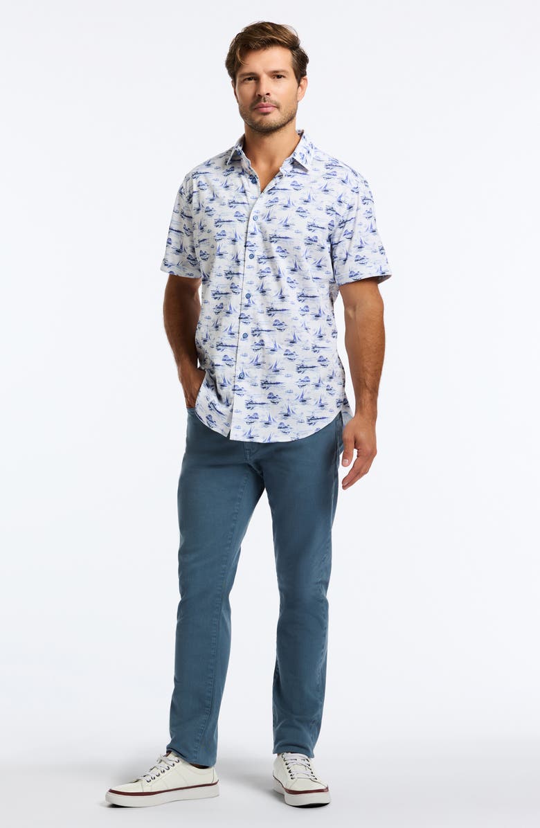 Robert Graham Alboran Sailboat Print Short Sleeve Cotton Button-Up Shirt, Alternate, color, Blue