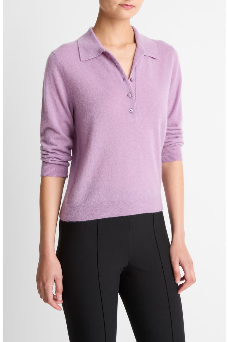 Cashmere & Silk Long Sleeve Polo Sweater, Alternate, color, MULBERRY