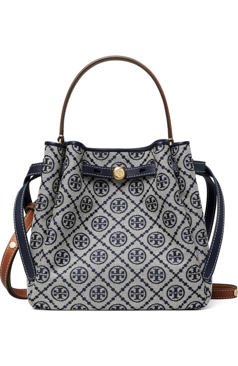 Tory Burch Romy T Monogram Jacquard & Leather Bucket Bag, Main, color, Tory Navy