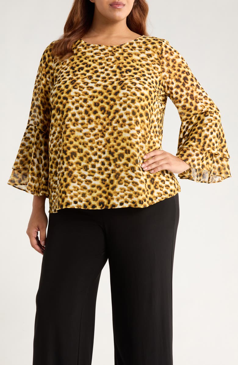 KASPER Tiered Ruffle Bell Sleeve Chiffon Top, Main, color, 