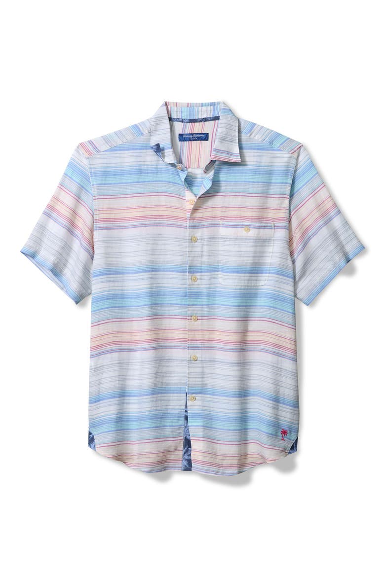 Sand Sicily Stripe Short Sleeve Linen Blend Button-Up Shirt, Main, color, ISLAND SUNSET