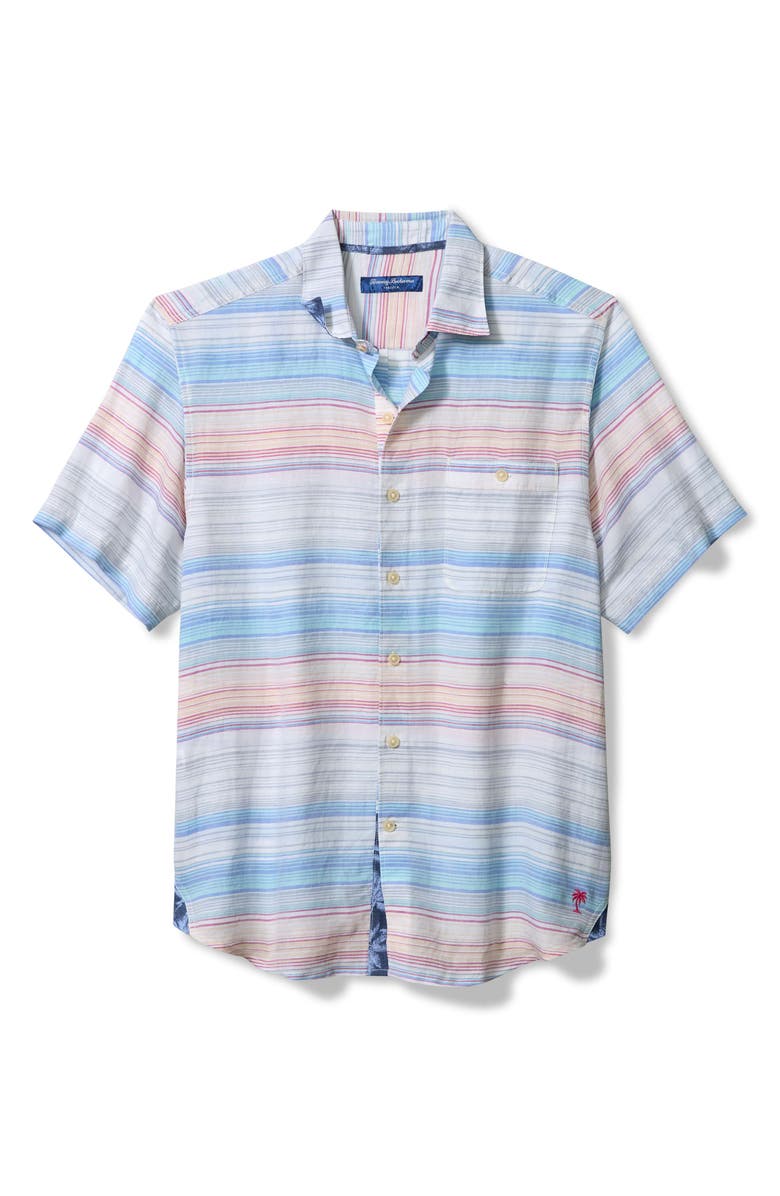 Tommy Bahama Sand Sicily Stripe Short Sleeve Linen Blend Button-Up Shirt, Main, color, Island Sunset