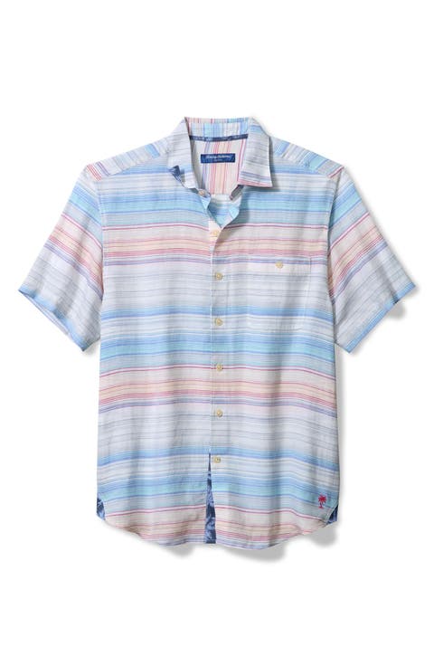 Sand Sicily Stripe Short Sleeve Linen Blend Button-Up Shirt (Big & Tall)