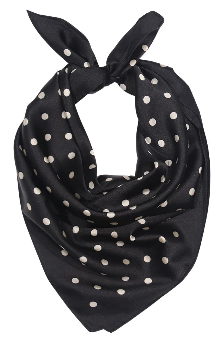 Petit Moments Satin Polka Dot Square Scarf, Main, color, Black