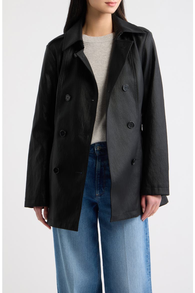 Faux Leather Double Breasted Trench Coat, Alternate, color, BLACK