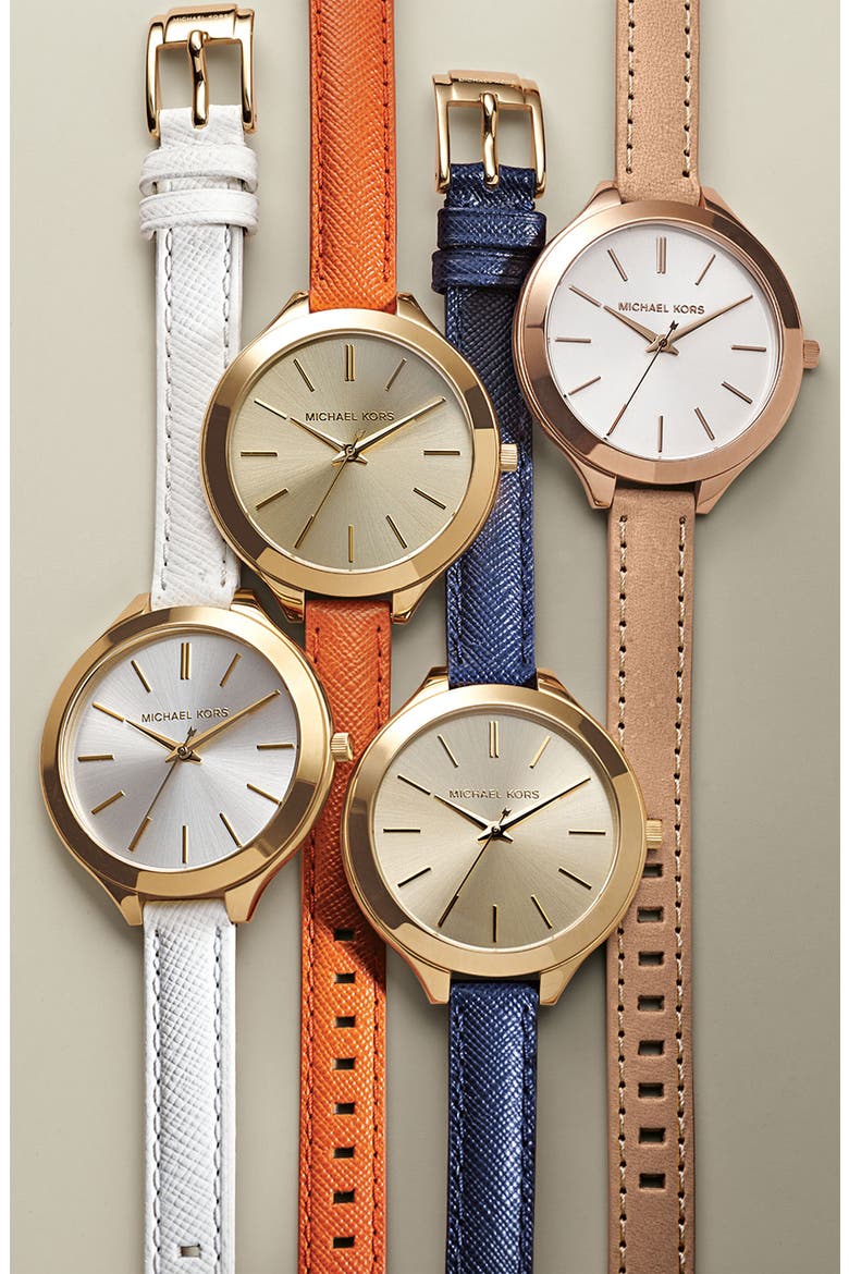 Michael Kors 'Slim Runway' Leather Strap Watch, 42mm, Alternate, color, PINK/ GOLD