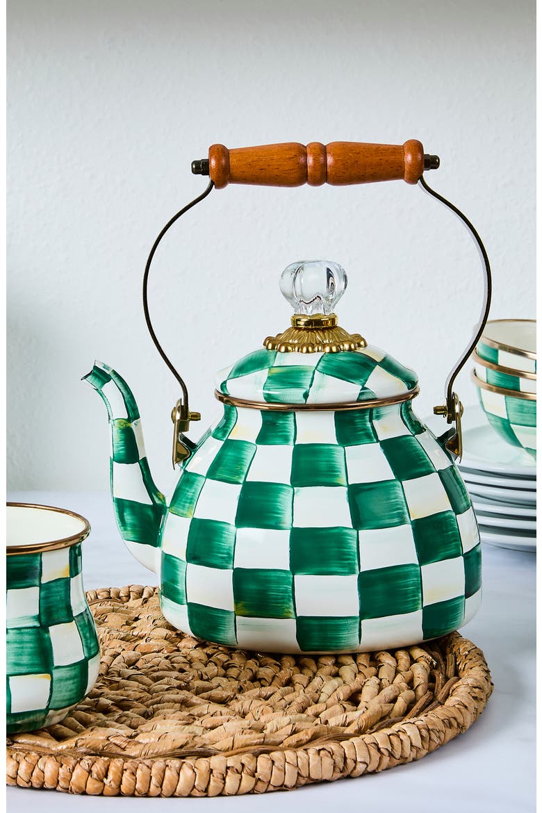Emerald Check Enameled Steel 2-Quart Tea Kettle, Alternate, color, EMERALD