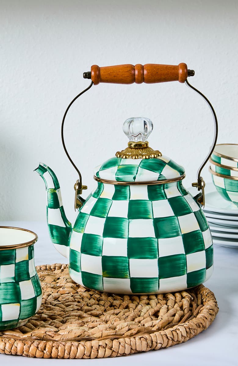 MACKENZIE CHILDS Emerald Check Enameled Steel 2-Quart Tea Kettle, Alternate, color, Emerald