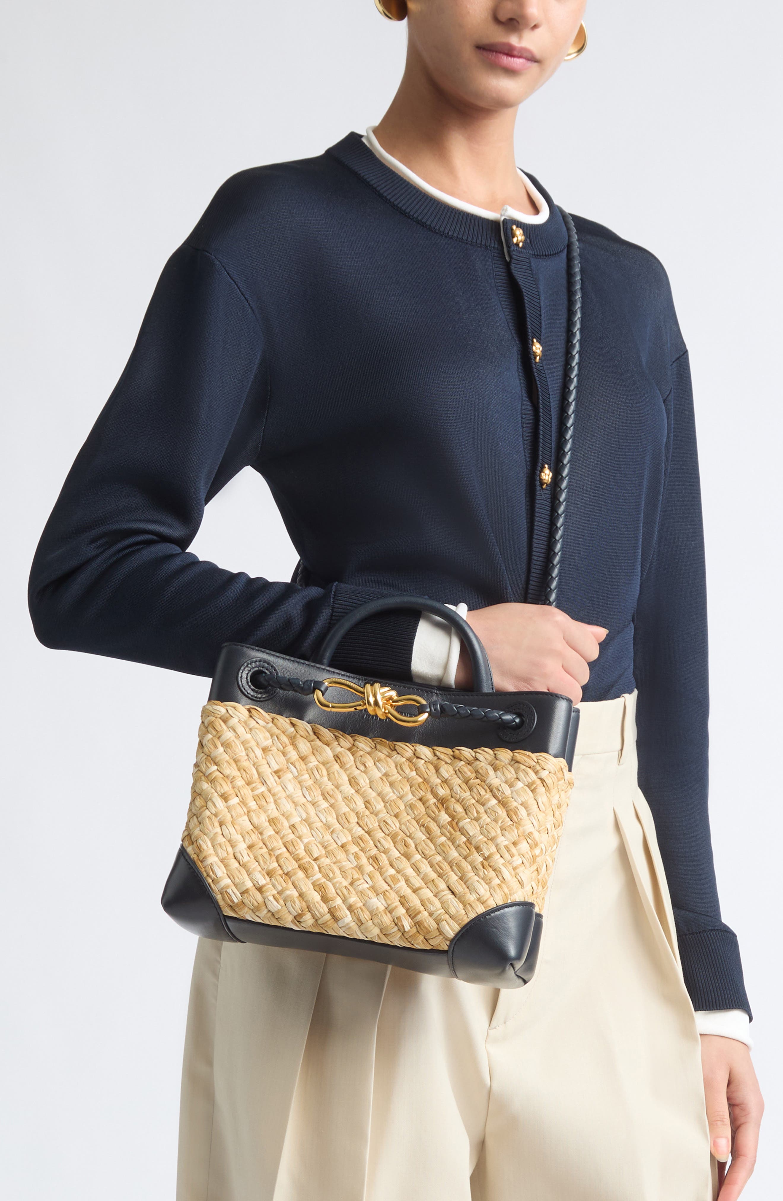 Small Andiamo Intrecciato Raffia Crossbody Bag, Alternate, color, 9968 NATURAL/ MIDN-M BRASS