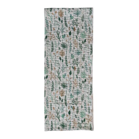 Woven Slub Printed Table Runner with Botanical Pattern, Hand-Embroidered Kantha Stitch and Velvet Back, Multicolor
