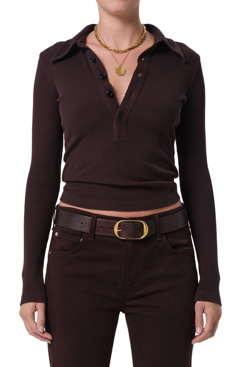 Citizens of Humanity Long Sleeve Rib Polo, Main, color, Chocolate