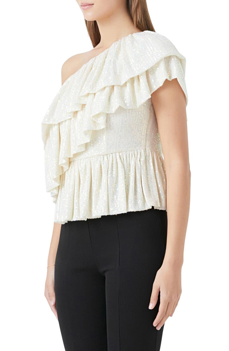 Endless Rose Sequin Ruffle One-Shoulder Peplum Top, Alternate, color, Opal
