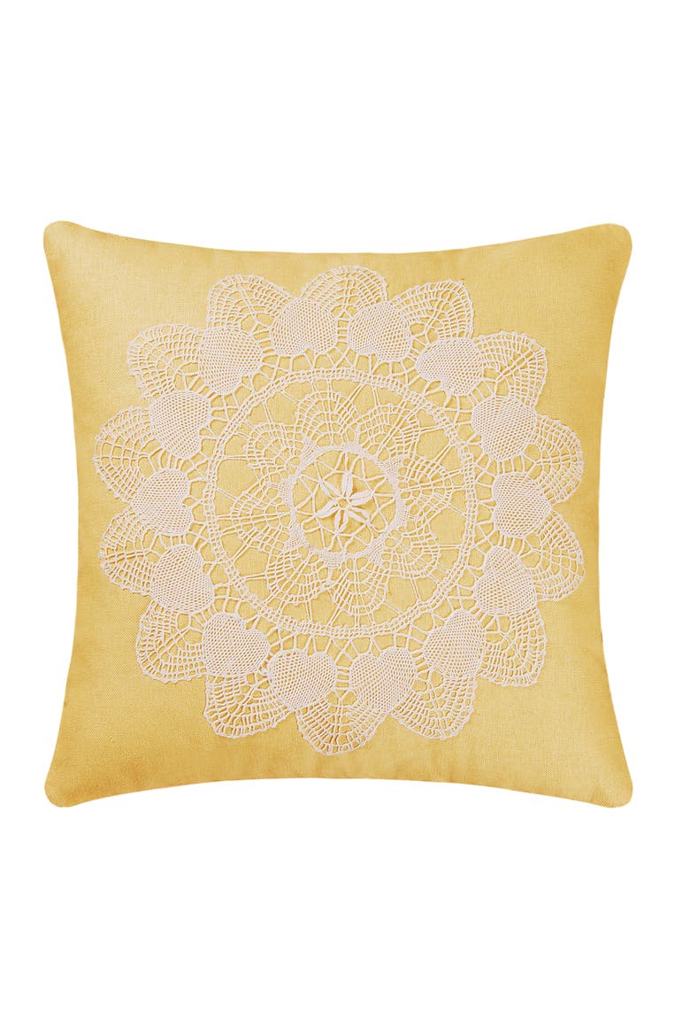 Linen Yellow Traditional Linen Applique Lace Accent Throw Pillow, 16" x 16", Main, color, Yellow