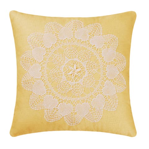 Linen Yellow Traditional Linen Applique Lace Accent Throw Pillow, 16" x 16"