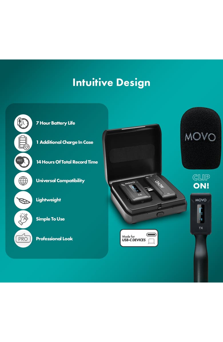 MOVO WMX-2-C USB-C Wireless Lavalier Microphone for iPhone 15/Android/USB C Devices with WMX-HM Handheld Adapter, Alternate, color, Black