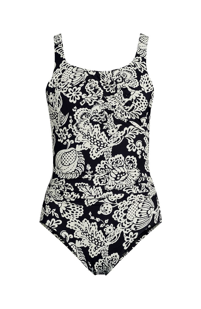 Lands' End D-Cup Slender Carmela Tummy Control Chlorine Resistant Scoop Neck One Piece Swimsuit, Alternate, color, Floral Medley/Black