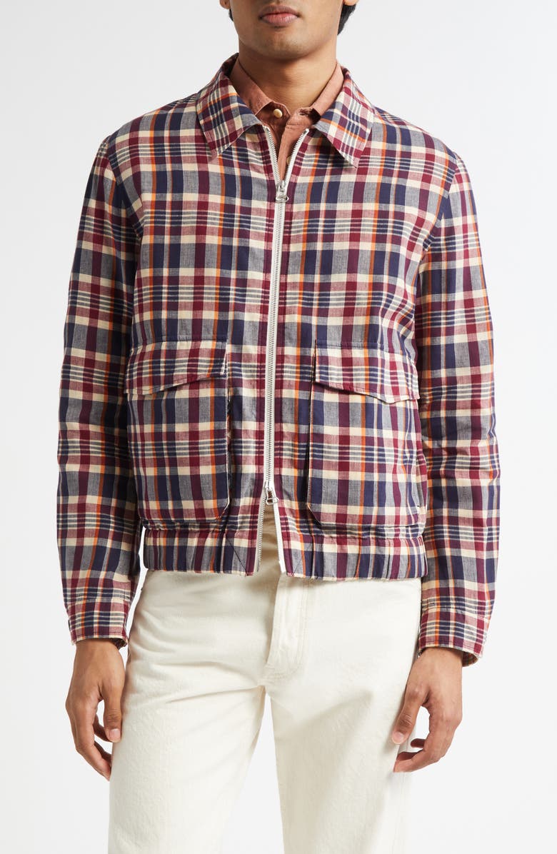 Drake's Madras Plaid Waxed Cotton Blouson Jacket, Main, color, 993 Navy/ Rust/ Ecru