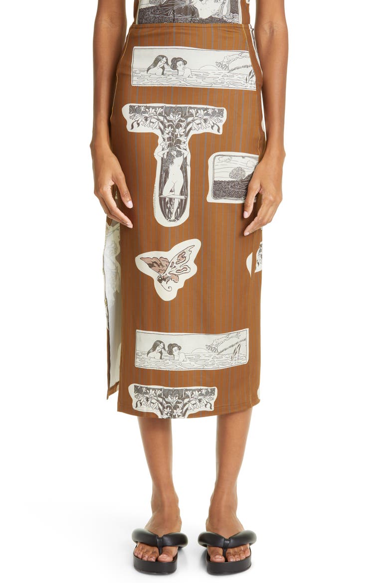 Collage Print Pinstripe Recycled Polyester Blend Midi Skirt, Main, color, PRINT MULTI