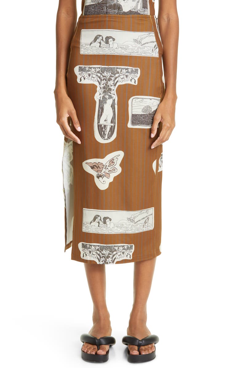 ELLISS Collage Print Pinstripe Recycled Polyester Blend Midi Skirt, Main, color, 