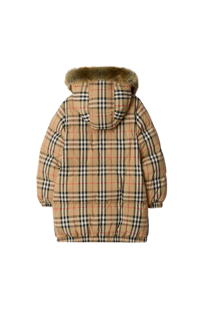 Burberry Faux Fur Trim Check Nylon Puffer Coat, Alternate, color, Sand Beige