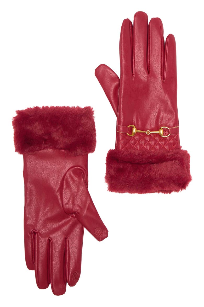 Quilted Faux Fur Trim Faux Leather Gloves, Main, color, RED