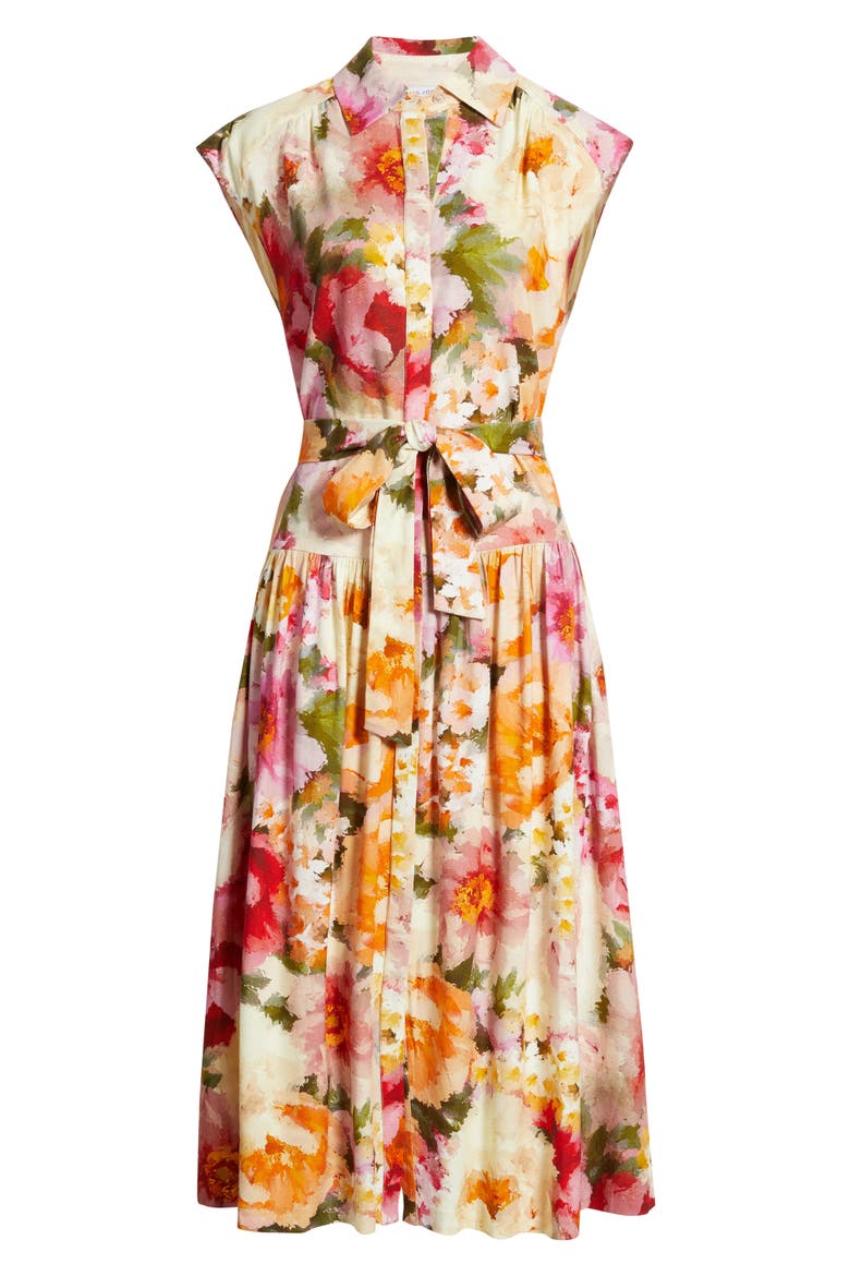 Floral Print Tie Waist Midi Dress, Alternate, color, IVORY MULTI