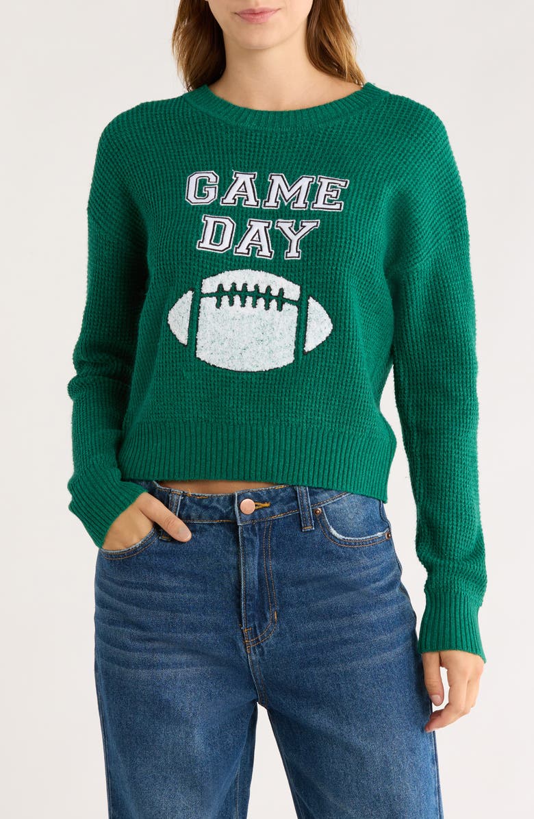 Madden Girl Game Day Embroidered Sweater, Main, color, Green Combo