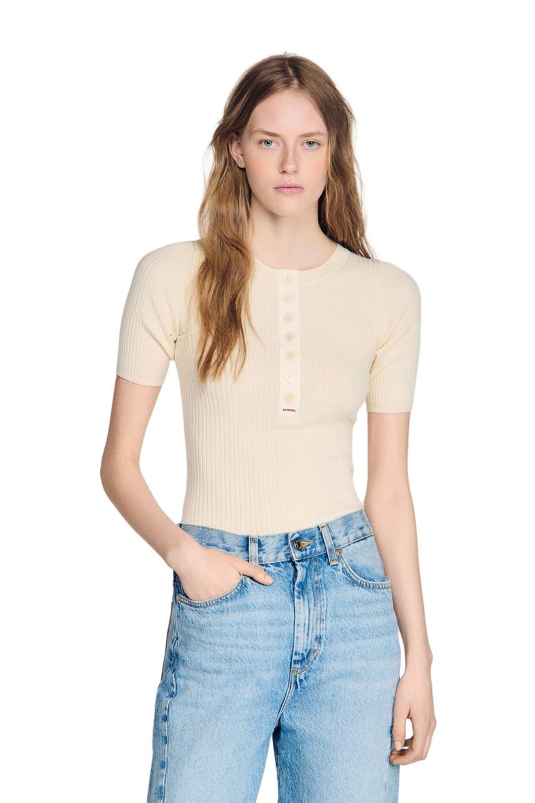 Sweater with ribbed button placket, Alternate, color, Ecru