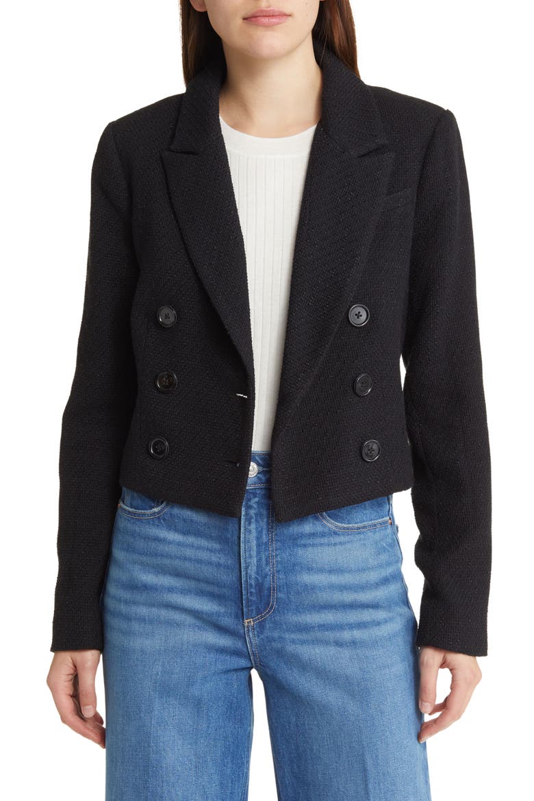 Eclipse Crop Cotton Blend Bouclé Tweed Blazer, Alternate, color, BLACK