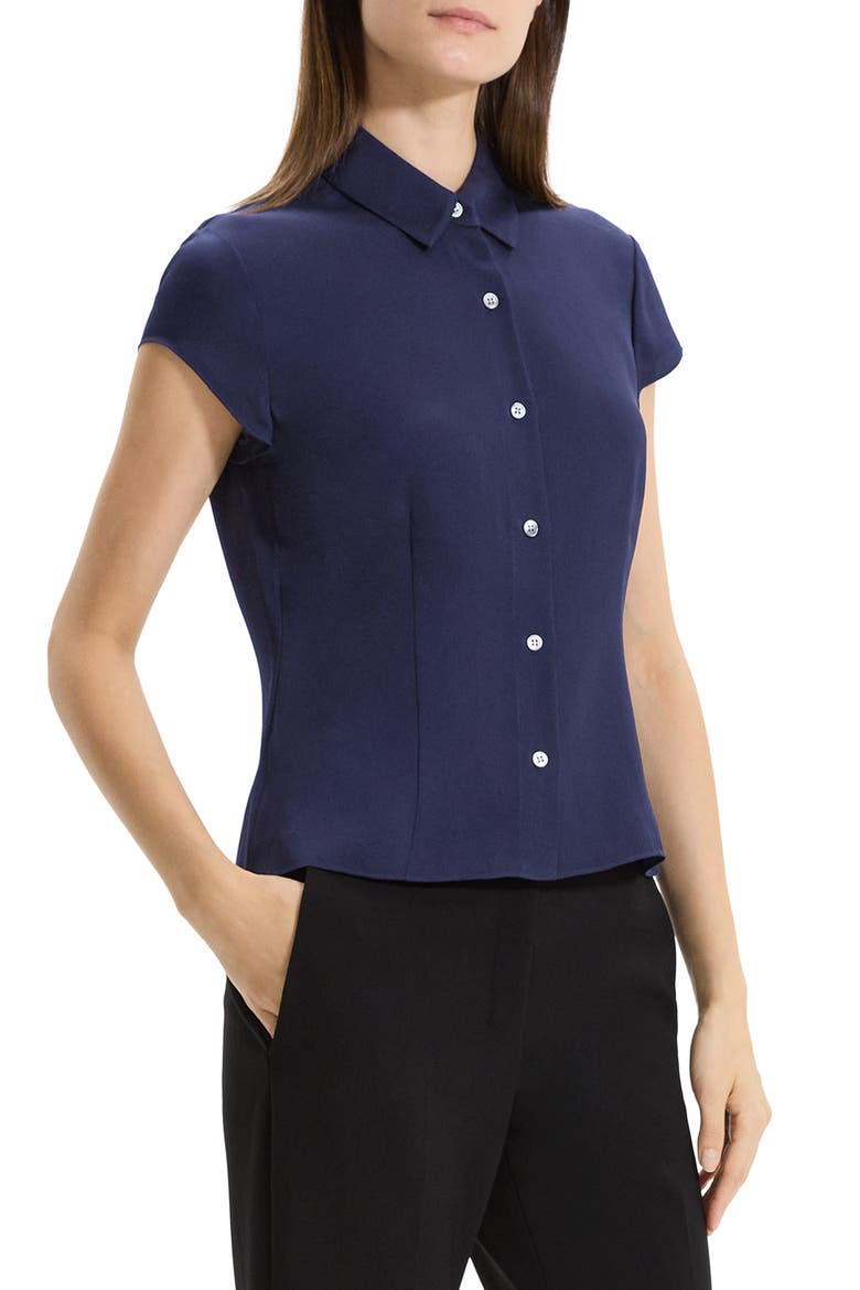Cap Sleeve Silk Shirt, Alternate, color, MIDNIGHT NAVY