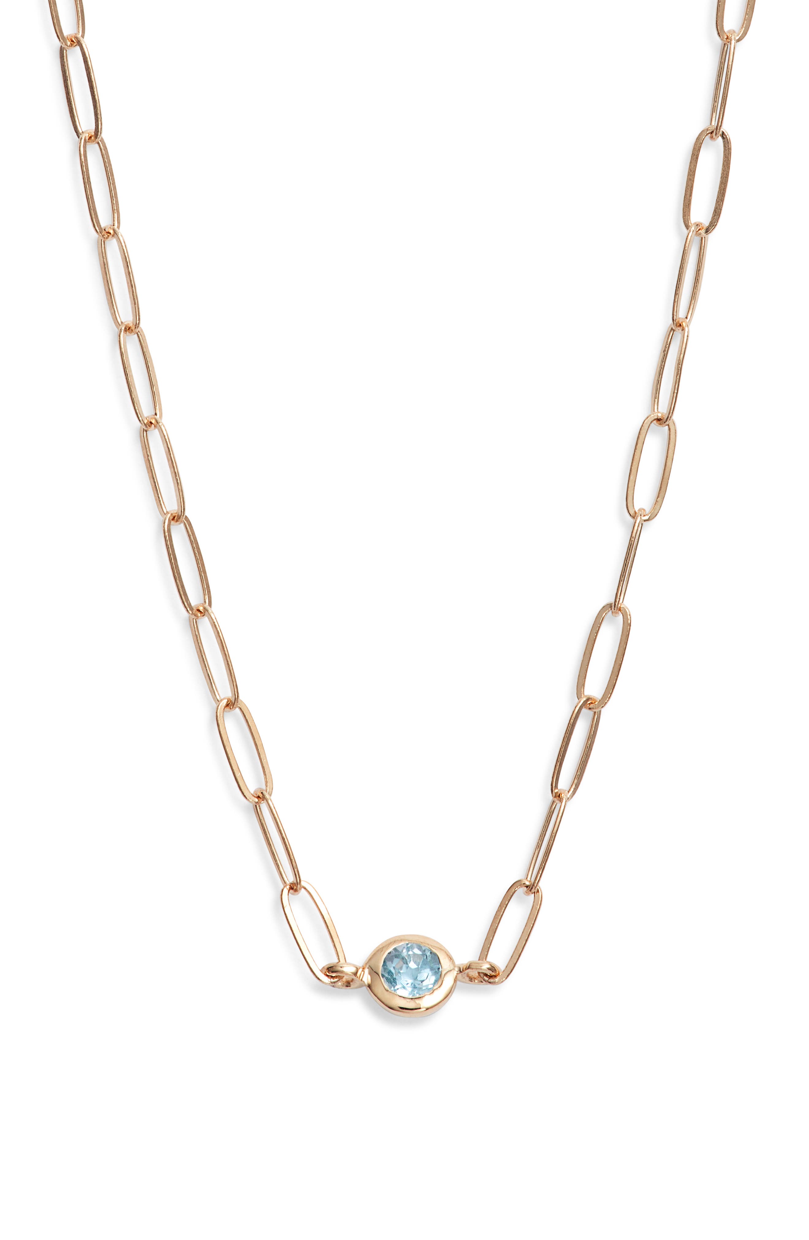Anzie Classique Birthstone Paper Clip Chain Necklace in Blue Aquamarine 