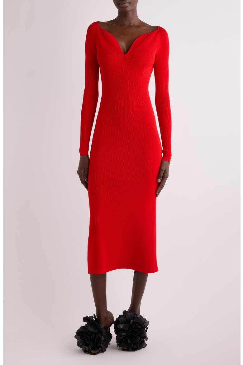 Kickback Long Sleeve Rib Midi Sweater Dress, Main, color, POPPY RED