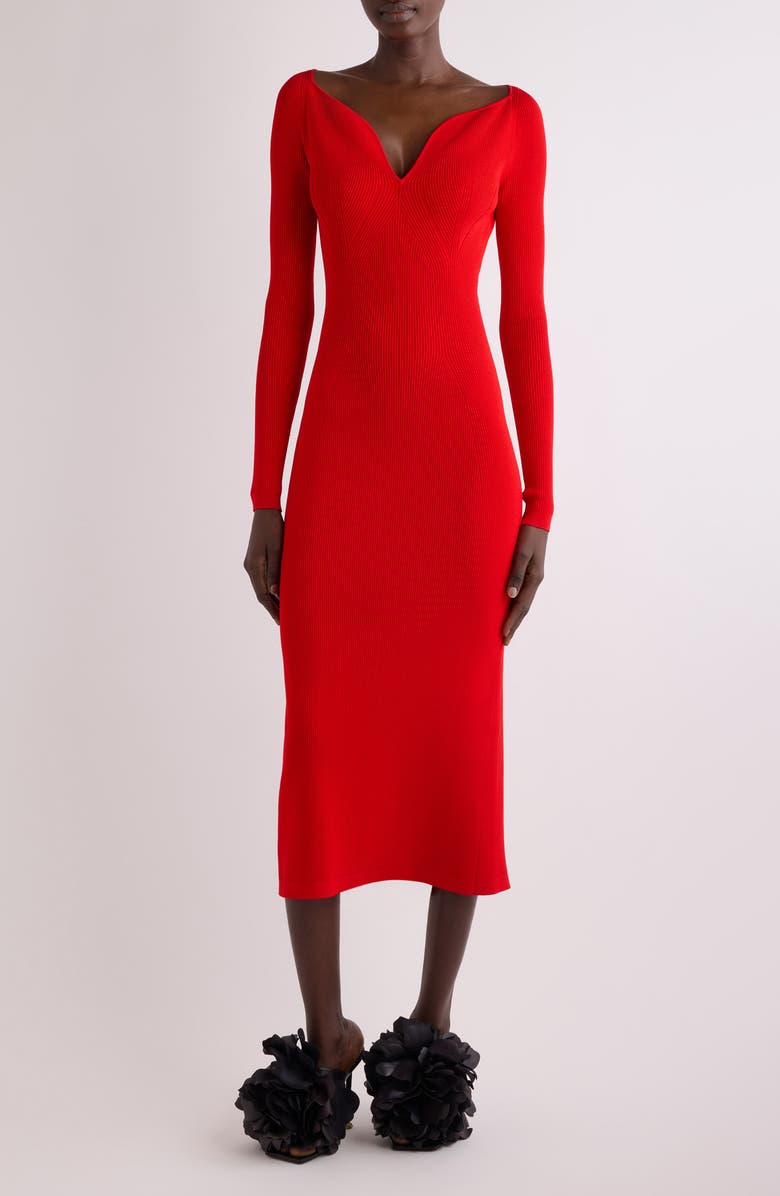 Givenchy Kickback Long Sleeve Rib Midi Sweater Dress, Main, color, Poppy Red