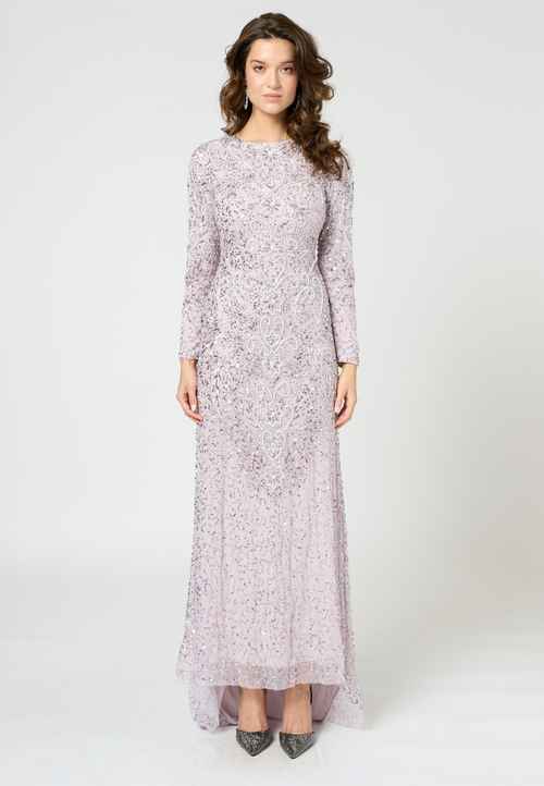 Maryisa Modest Embellished Sequin Beaded Maxi Dress With Trail