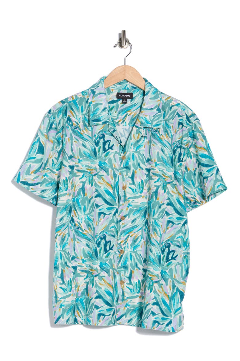 Riviera Cabana Camp Shirt, Main, color, BLUE WATERCOLOR LEAVES