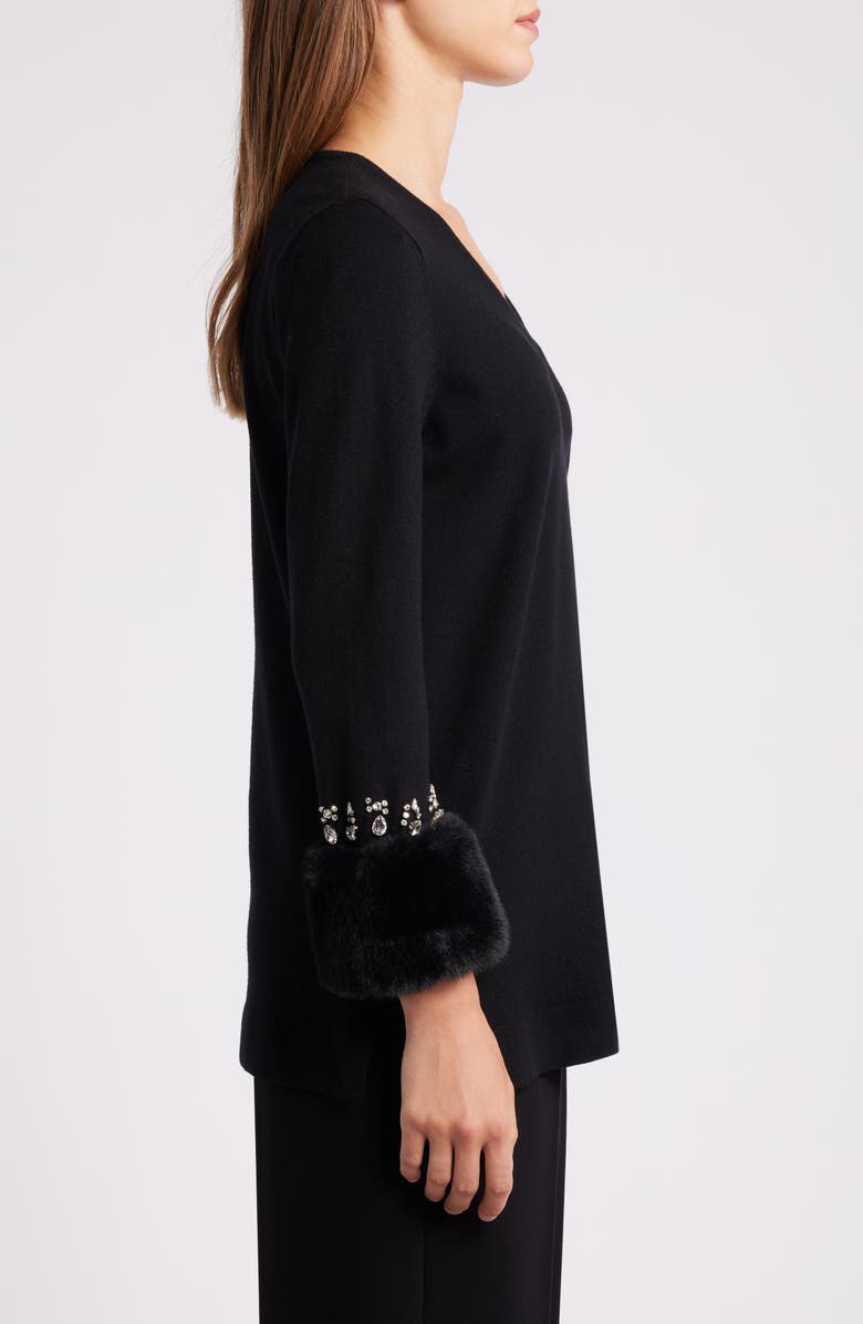 Anne Klein Crystal & Faux Fur Trim Tunic Sweater, Alternate, color,