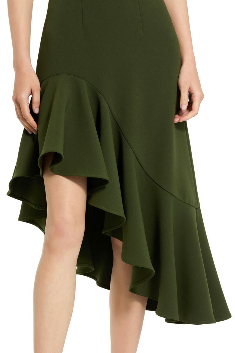 Crepe 3/4 Sleeve Asymmetrical Hem Belted Dress, Alternate, color, Dark Green
