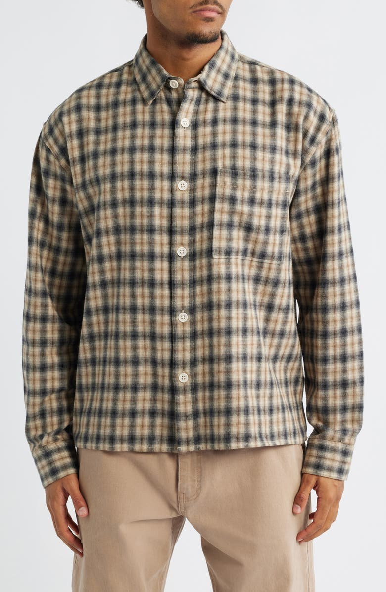BP. Boxy Fit Plaid Cotton Flannel Button-Up Shirt, Main, color, Brown Fiver Ombre Plaid