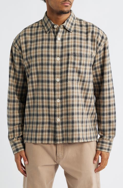 Boxy Fit Plaid Cotton Flannel Button-Up Shirt