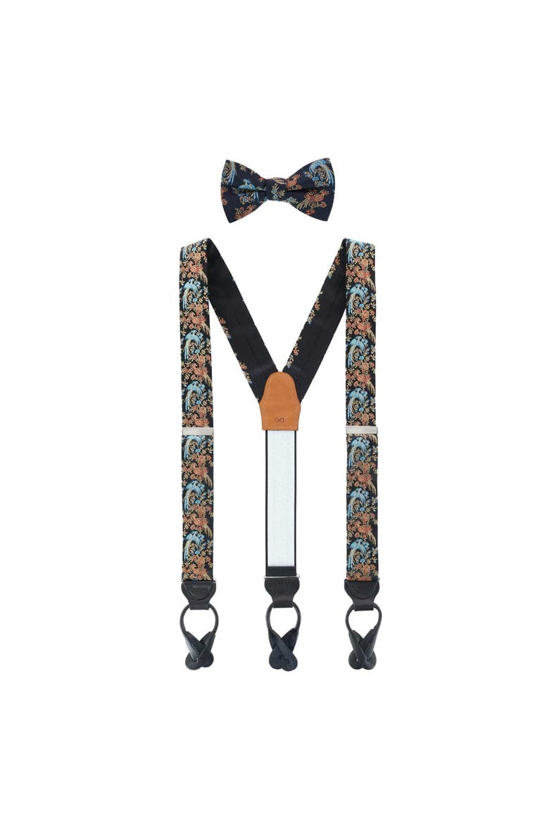 Birds of Prosperity Silk Button End Suspenders (Braces) and Bow Tie Set, Main, color, Black