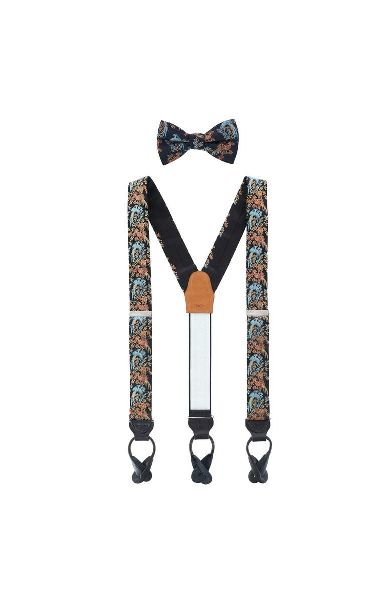 Trafalgar Birds of Prosperity Silk Button End Suspenders (Braces) and Bow Tie Set, Main, color, Black
