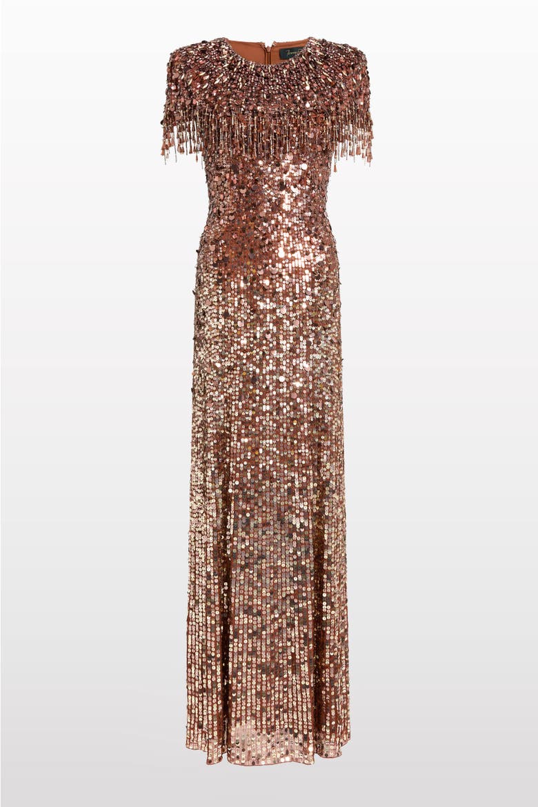 Eugenie Sequin Fringed Maxi Dress, Alternate, color, Bronze