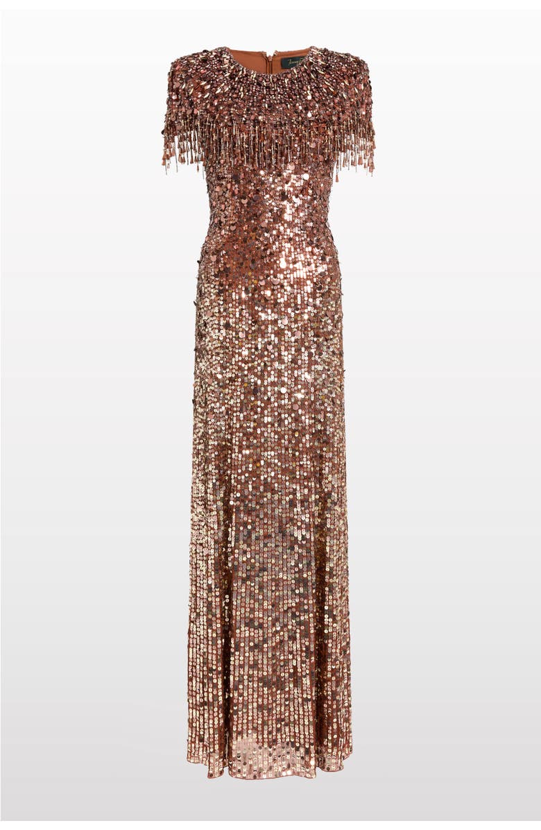 Jenny Packham Eugenie Sequin Fringed Maxi Dress, Alternate, color, Bronze
