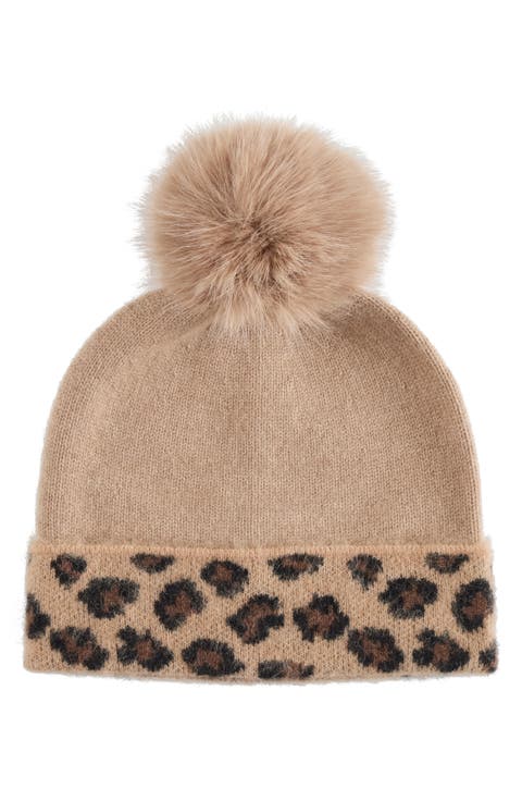 Cashmere Leopard Pompom Beanie