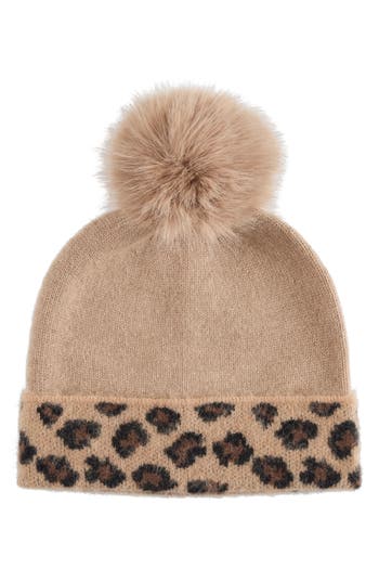 Bruno Magli Cashmere Leopard Pompom Beanie In Multi