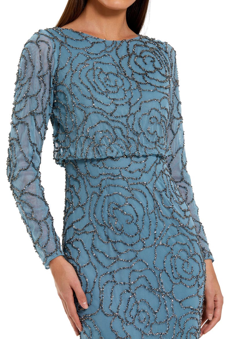 Long Sleeve Floral Beaded Blouson Gown, Alternate, color, Smoky Blue