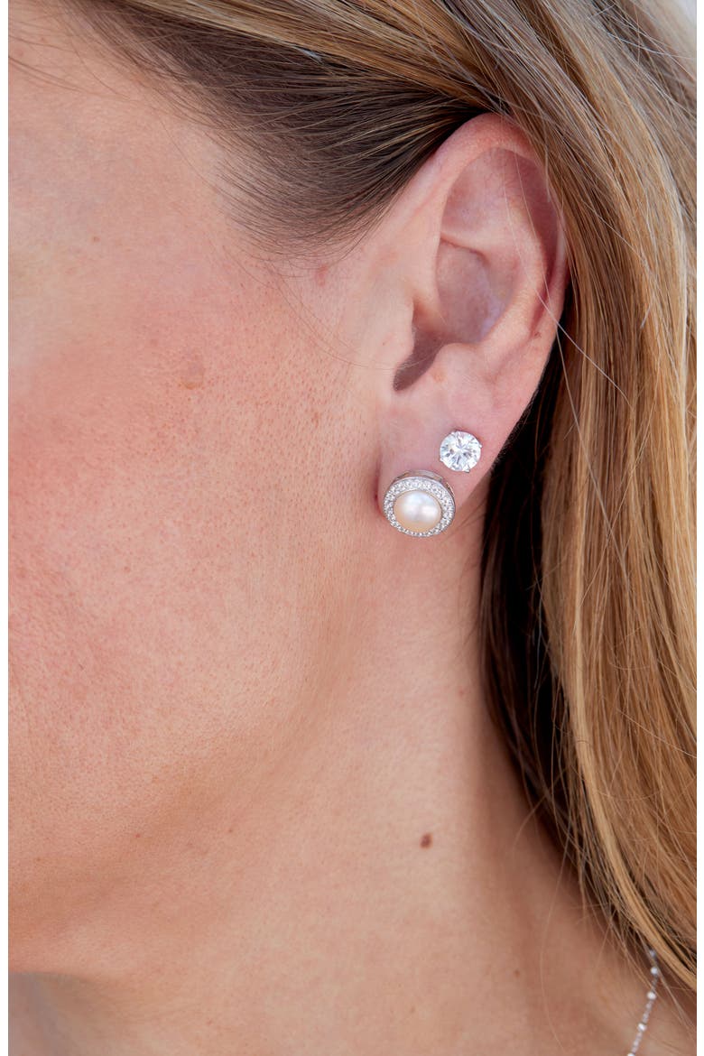 Set of Five CZ & 7-8mm Freshwater Pearl Jacket Stud Earrings, Alternate, color, WHITE GOLD