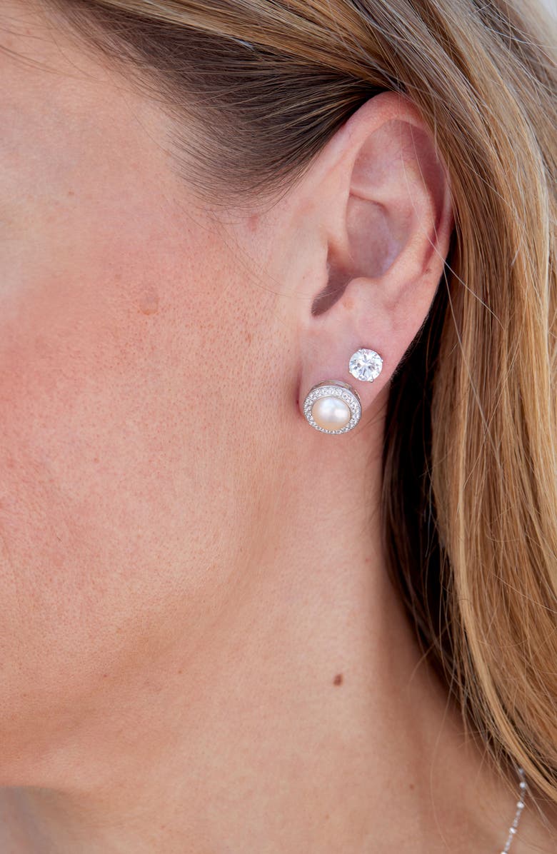 SAVVY CIE JEWELS Set of Five CZ & 7-8mm Freshwater Pearl Jacket Stud Earrings, Alternate, color, White Gold