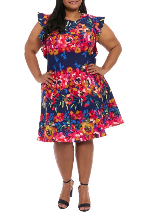 Stripe Scuba Knit Fit & Flare Dress (Plus)