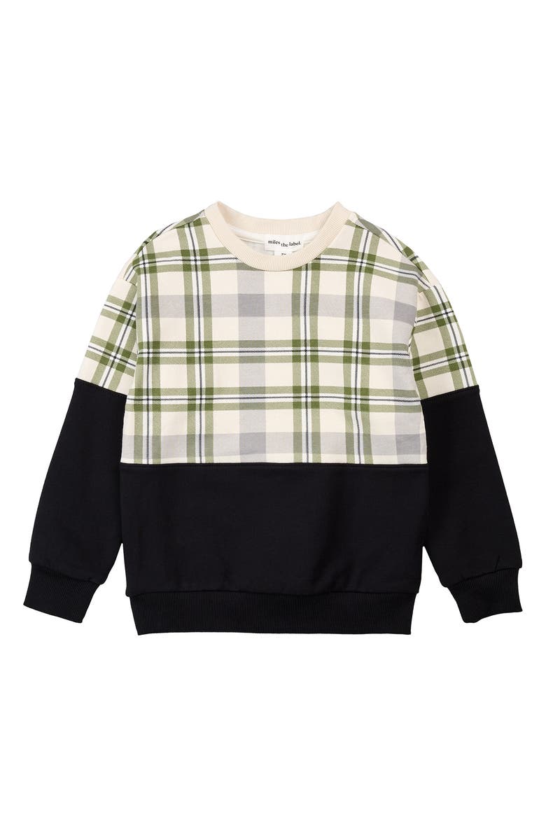 MILES THE LABEL Kids' Plaid Colorblock Stretch Cotton Sweatshirt, Main, color, Black